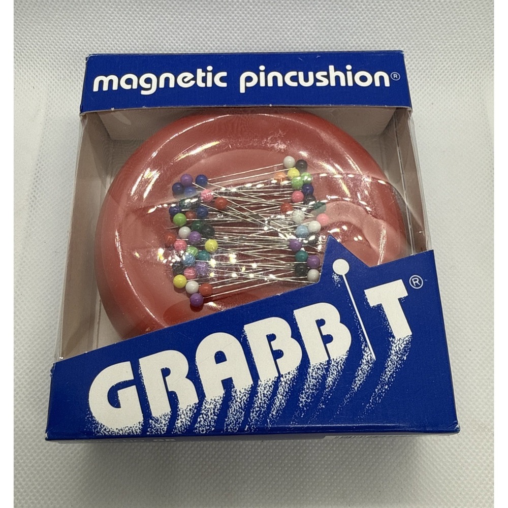 Vtg NOS Blue Feather Products 1980 Grabbit Magnetic Pincushion W/50 Pins-Red USA